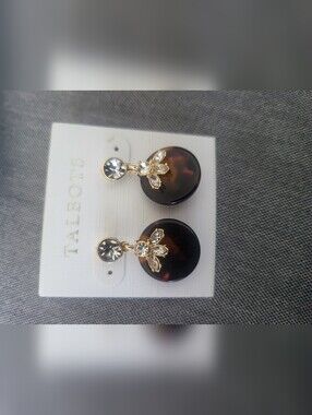 Talbots Gold-Tone Tortoiseshell Drop Earrings with Clear Crystals